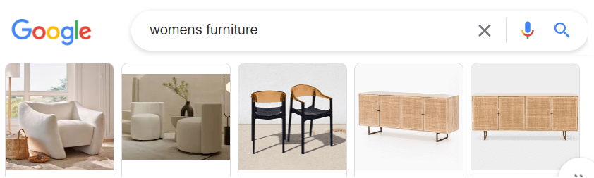 Google search results for women's furniture showing stylish, curated options